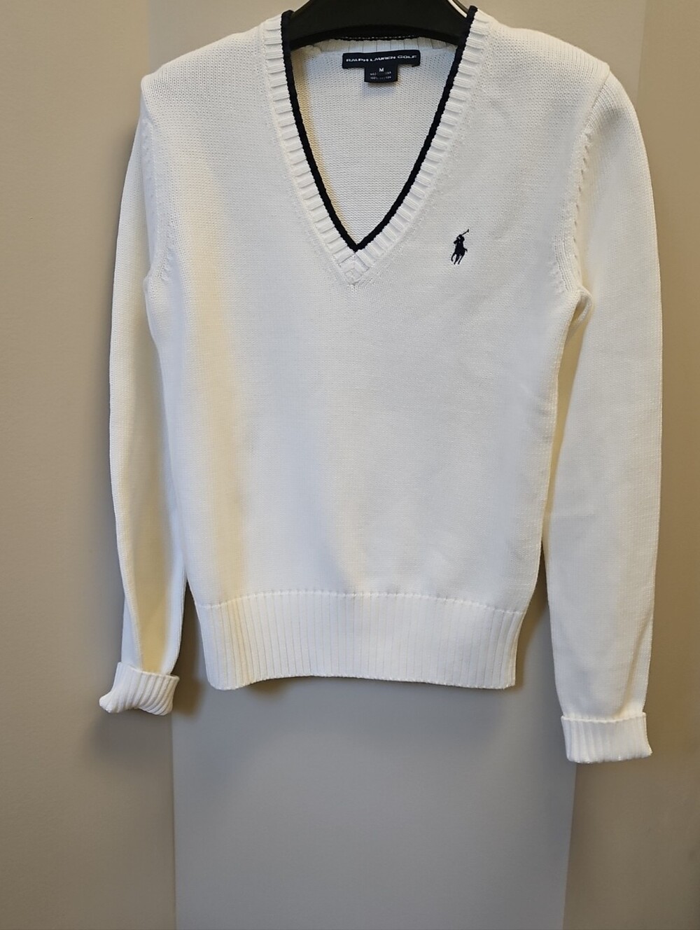 Ralph Lauren GOLF White V-Neck Sweater with Navy Pony